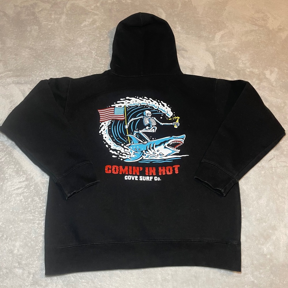 Cove Surf Co Mens Comin In Hot Skeleton Shark Surfing Hoodie Black Medium Gym